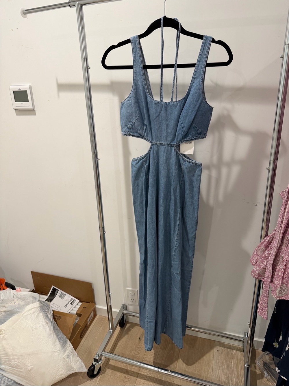 LNA Light Blue Denim Cutout Midi Dress